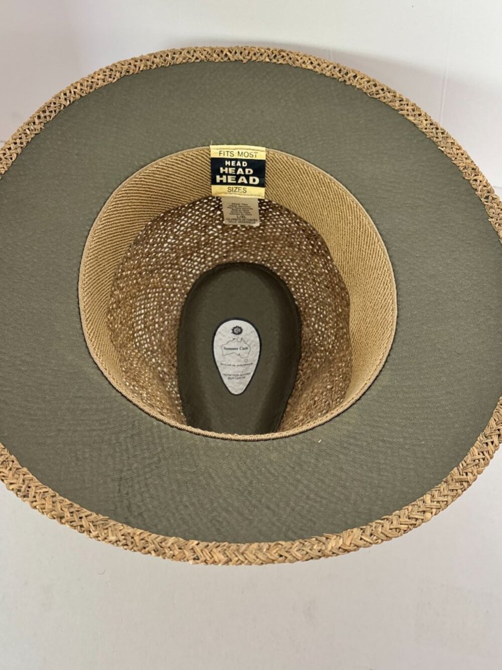 Summer Club Straw Sun Hat L XL Wide Brim Fedora Boho Beach Olive Band Festival - Picture 8 of 9
